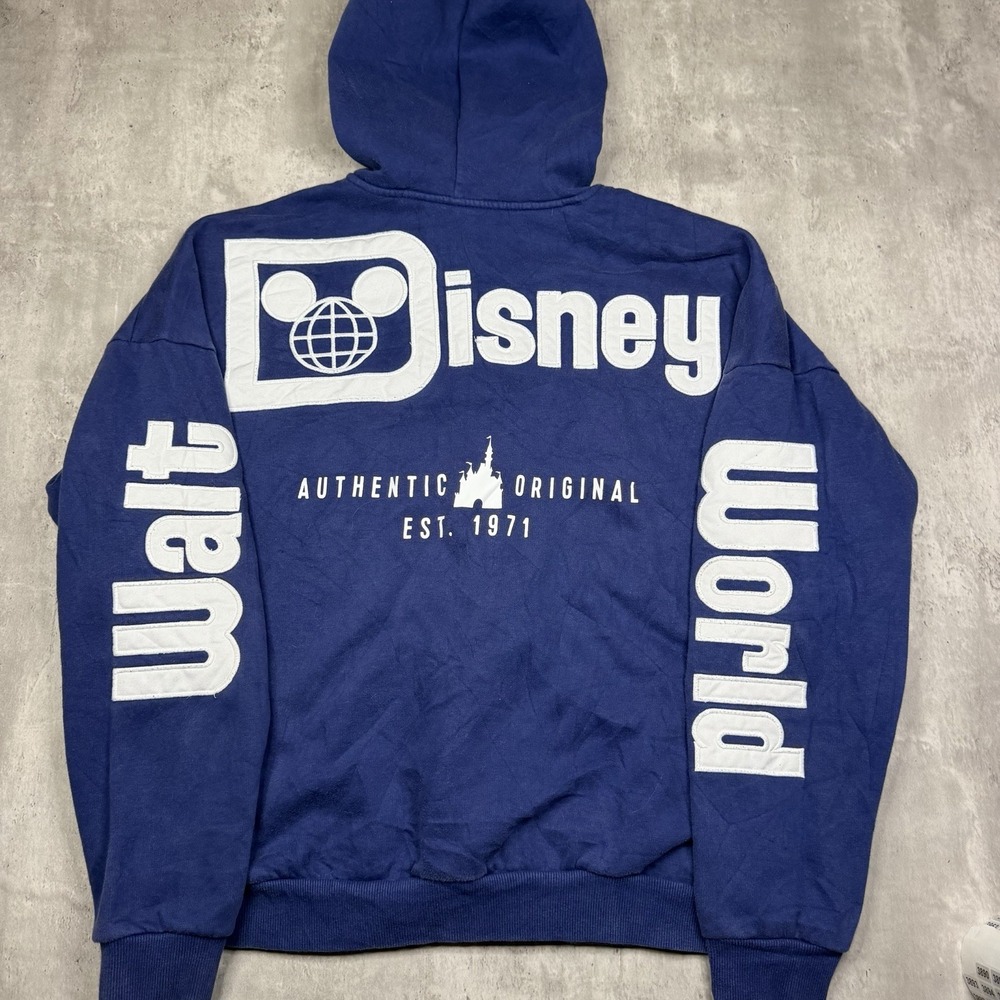 Disney World Parks Authentic Original Est. 1971 Blue Zip Up Hoodie Sz M Spellout